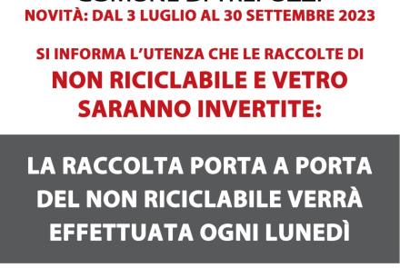 FINO AL 30 SETTEMBRE 2023 LE RACCOLTE DI NON RICICLABILE E VETRO SARANNO INVERTITE